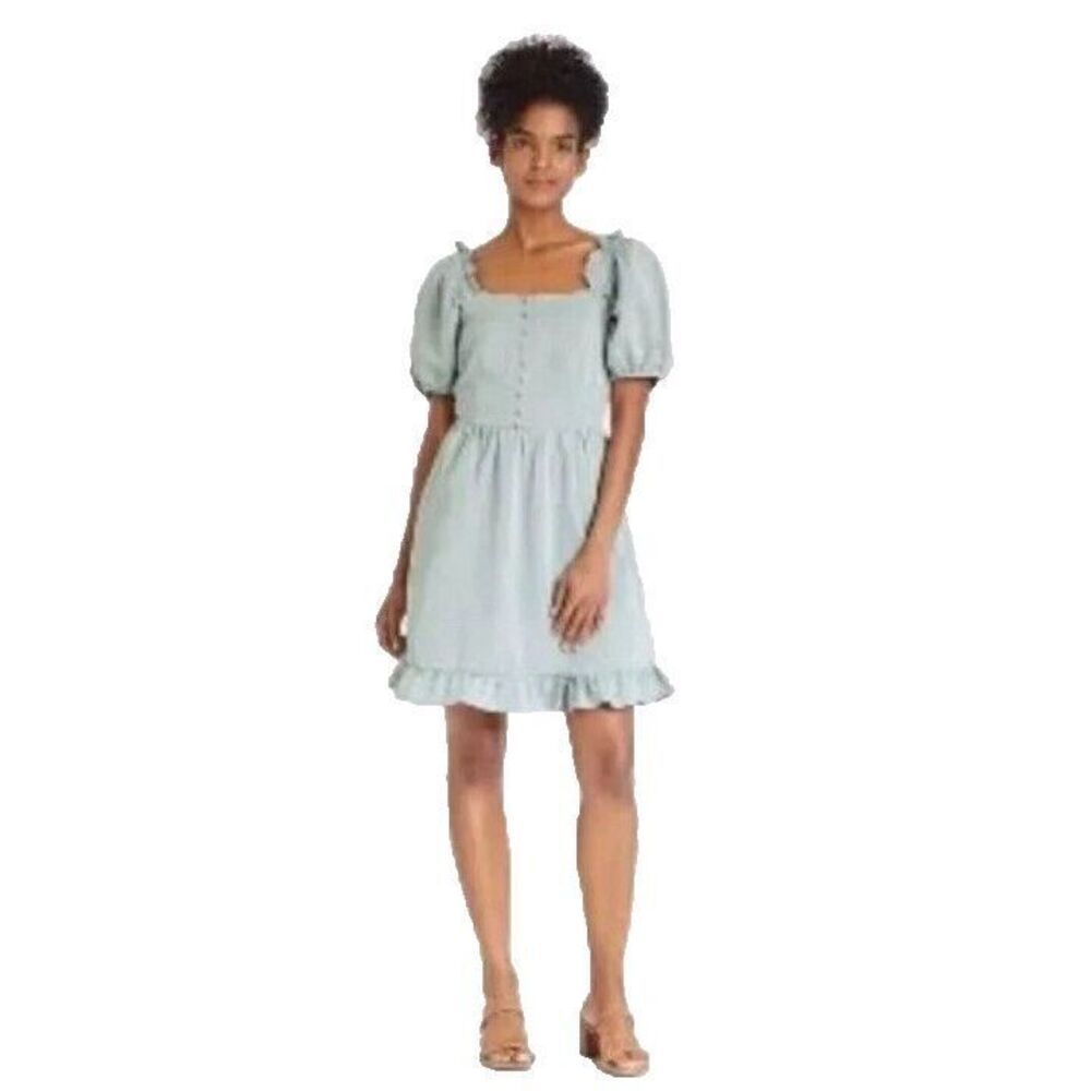 Who What Wear Women's Dress Small Chambray Twill Puff Sleeve Mini Ruffle Hem NWT